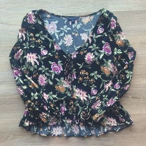 American Eagle floral print tie front long sleeve top, size small